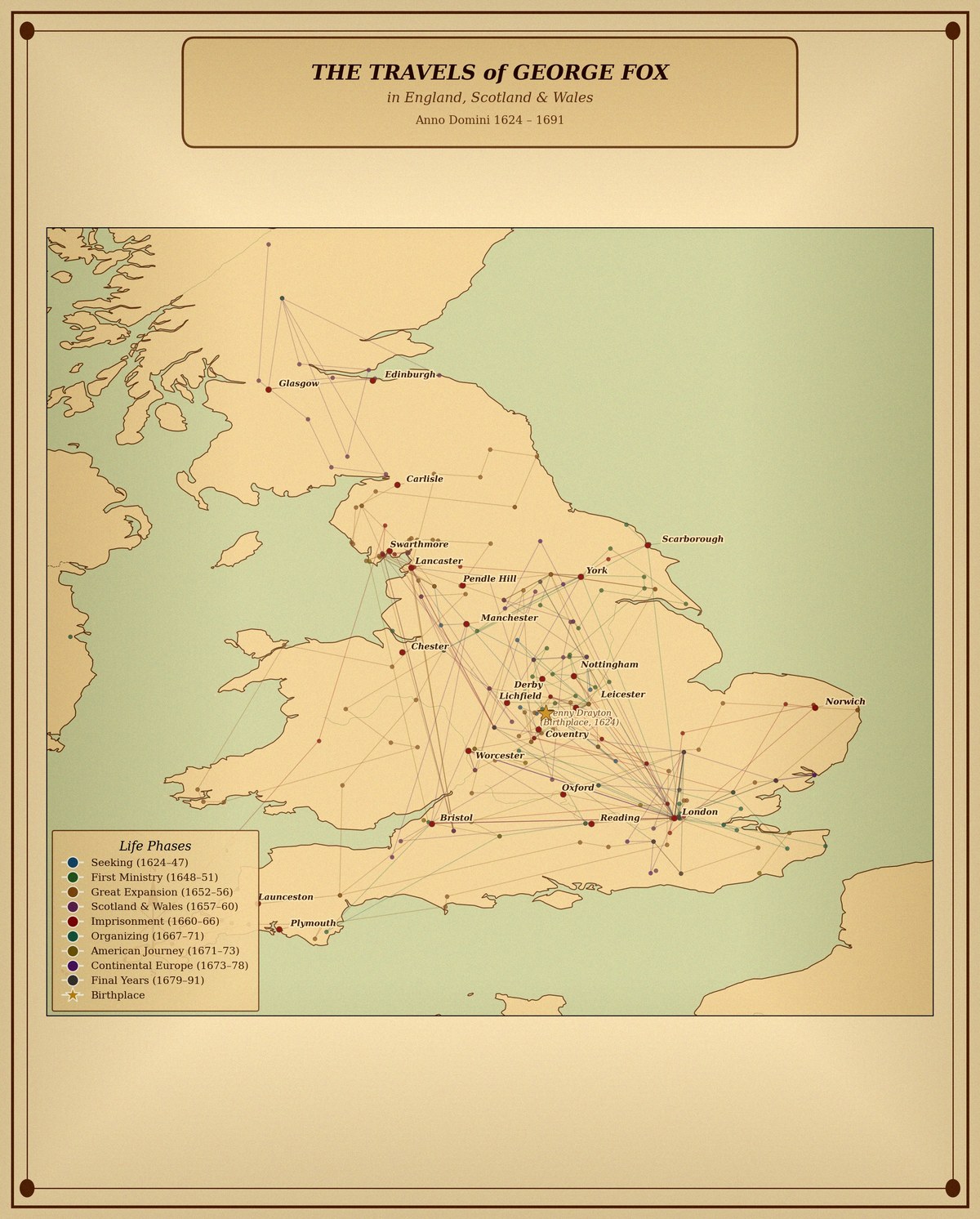 Map of George Fox's travels in England, Scotland and Wales